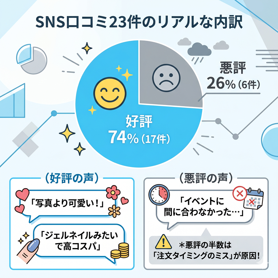 ミチネイルのSNS口コミ23件の内訳。好評が74パーセント、悪評が26パーセントであることを示す円グラフ