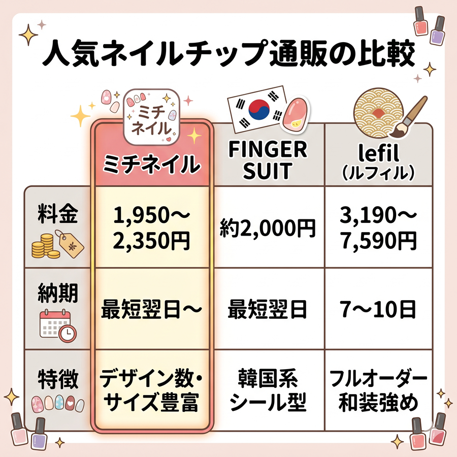 ミチネイル、FINGER SUIT、lefilのネイルチップ通販比較表。料金、納期、特徴を比較