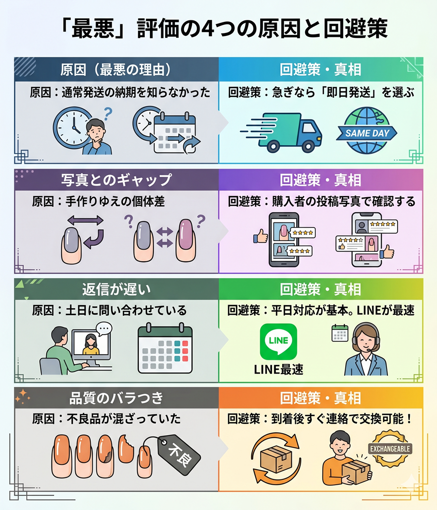 ミチネイルが最悪と言われる4つの原因と回避策。配送遅延、写真とのギャップ、返信の遅さ、品質のバラつきに対する対策